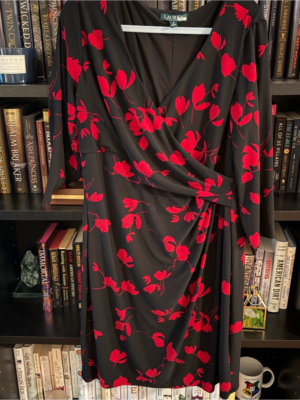 Ralph Lauren Black Dress with Red Floral Print Midi Wrap